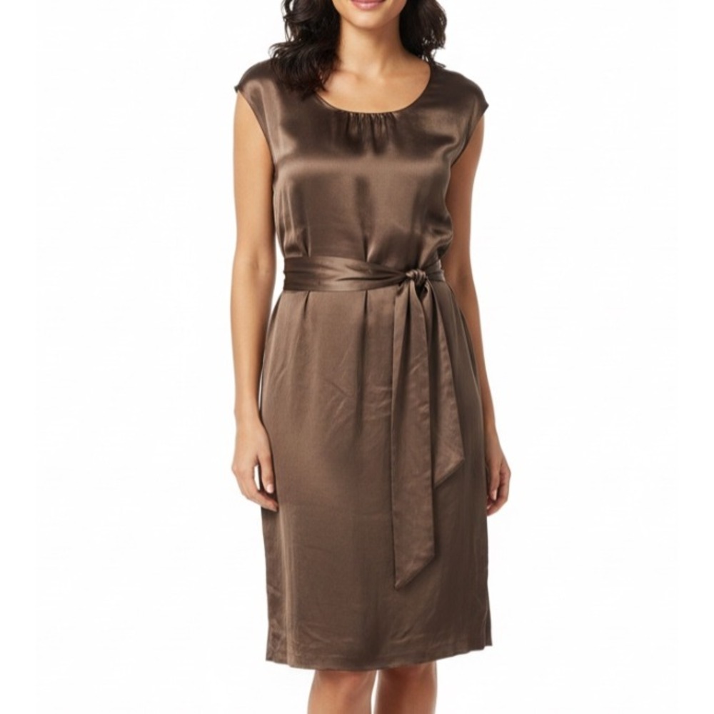 TALBOTS Brown SILK Tie Belt PLEATED NECKLINE Sleeveless SHIFT DRESS Sz 6